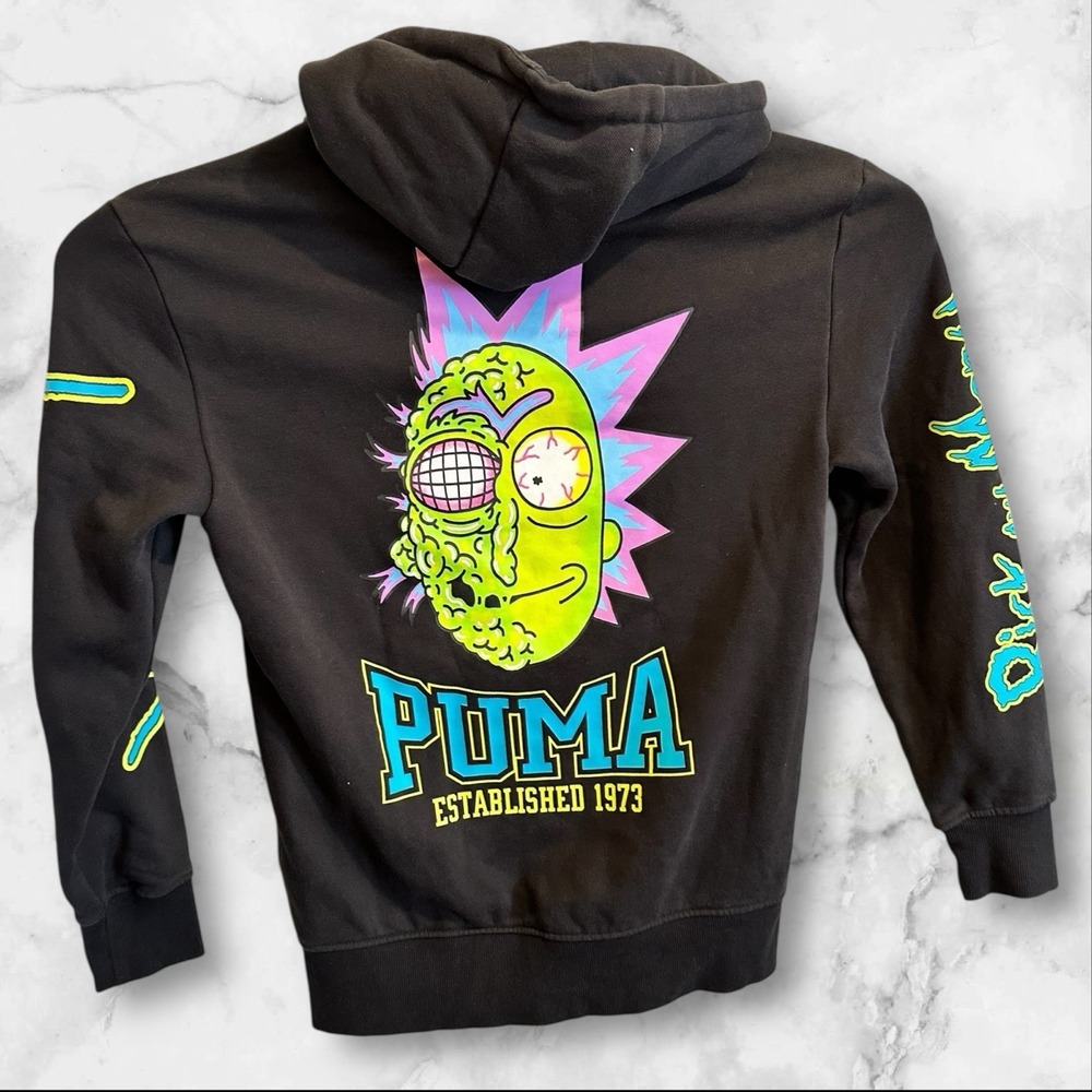 Men's Puma X Rick & Morty Zip Up Black Hoodie Size Small Adult Swim RARE - Picture 2 of 7